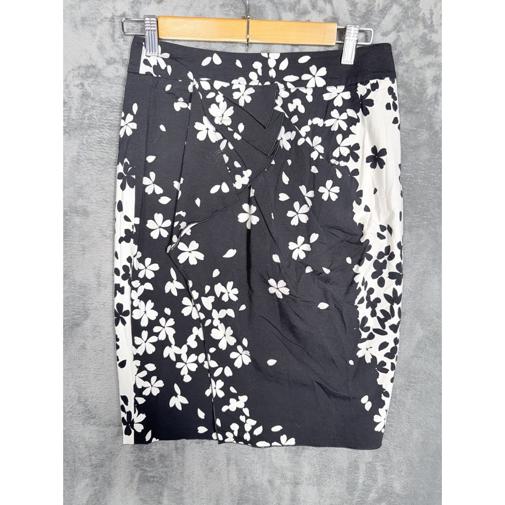 Magaschoni Womens Pencil Skirt 2 Black White Floral Cherry Blossom Pleated